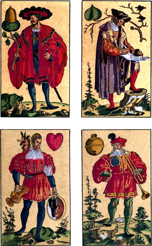 Jacks from a German deck of cards engraved in 1545 (Wiki commons) 
